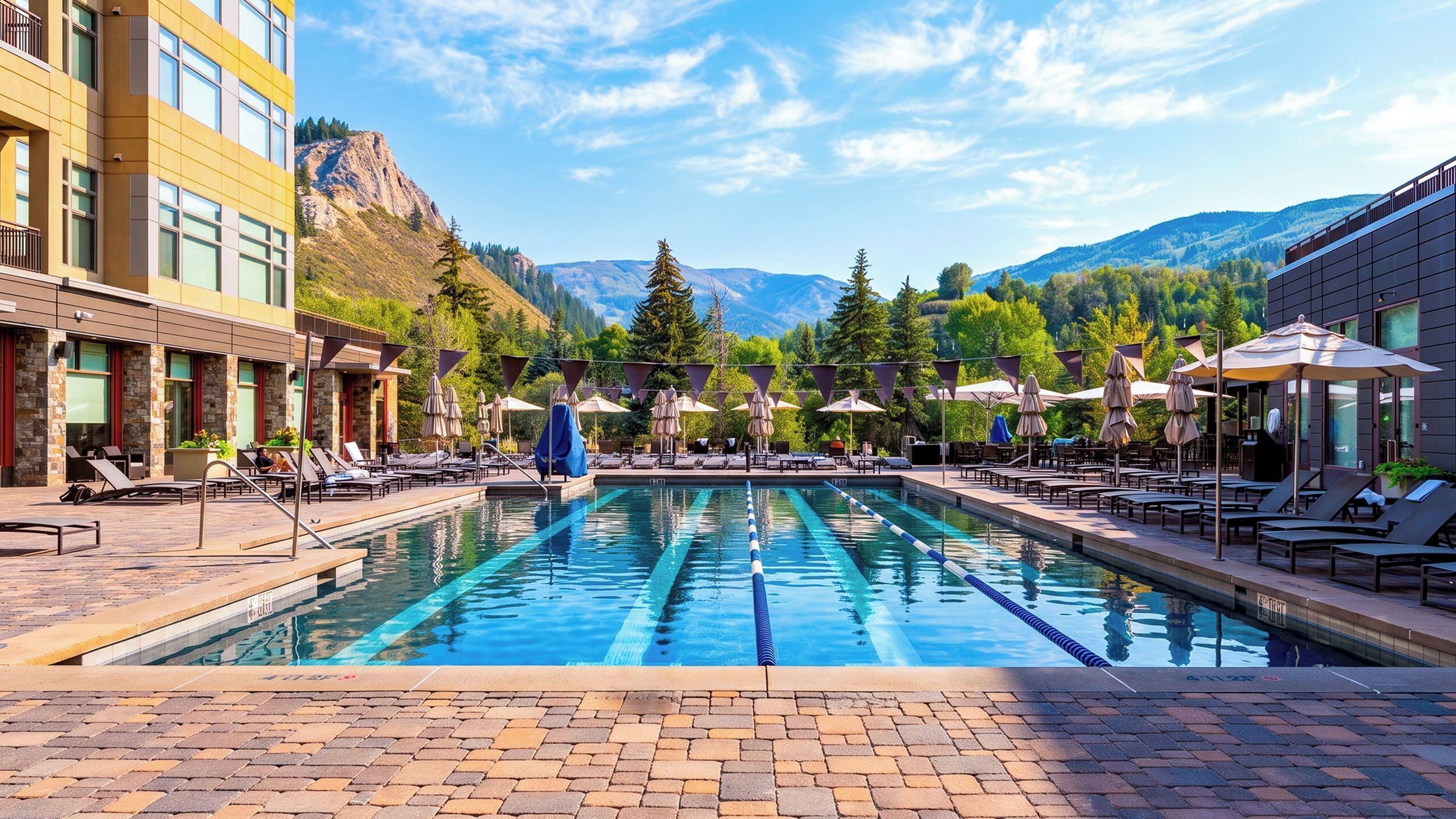 Une piscine entourée de bâtiments et de montagnes, avec des chaises longues et des parasols.