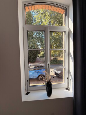Ein Fenster mit Blick auf eine Straße, ein blaues Auto und eine schwarze Vase mit getrockneten Pflanzen.