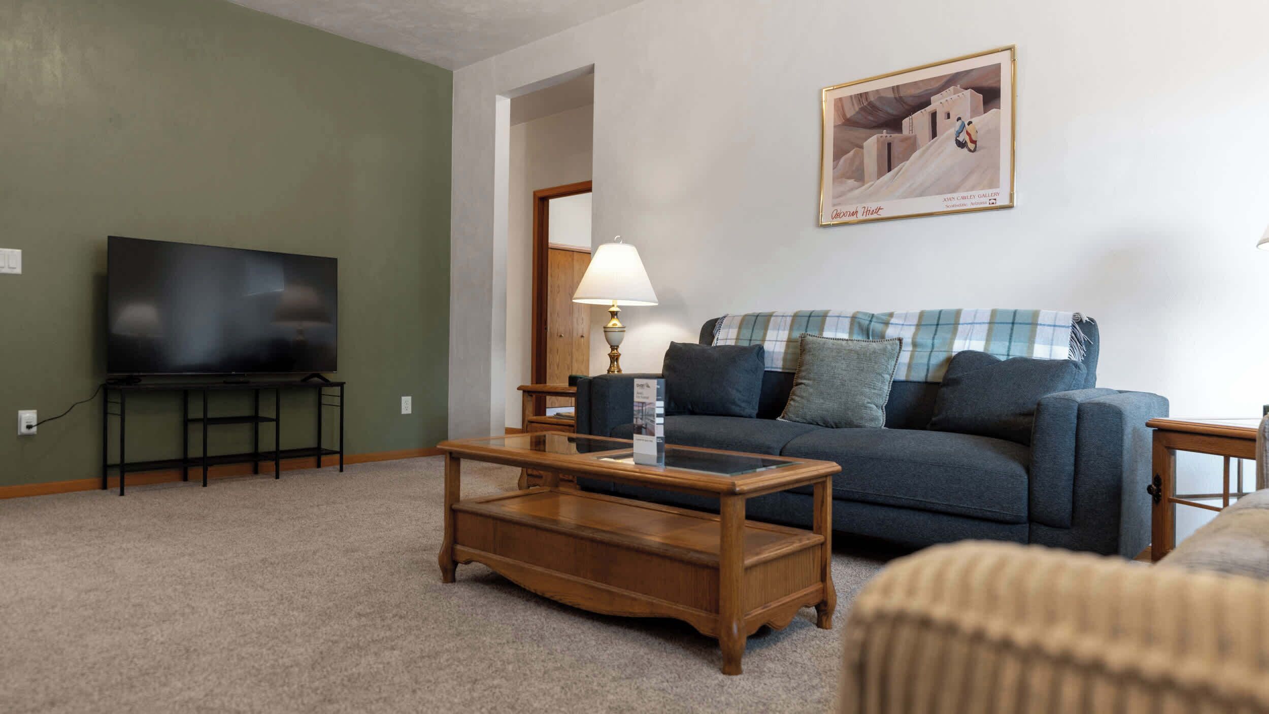 A living room with a television, a wooden coffee table, a sofa with a plaid blanket, and a painting on the wall.