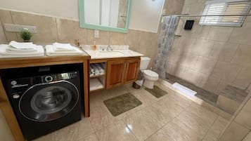 Shower, free toiletries, hair dryer, towels