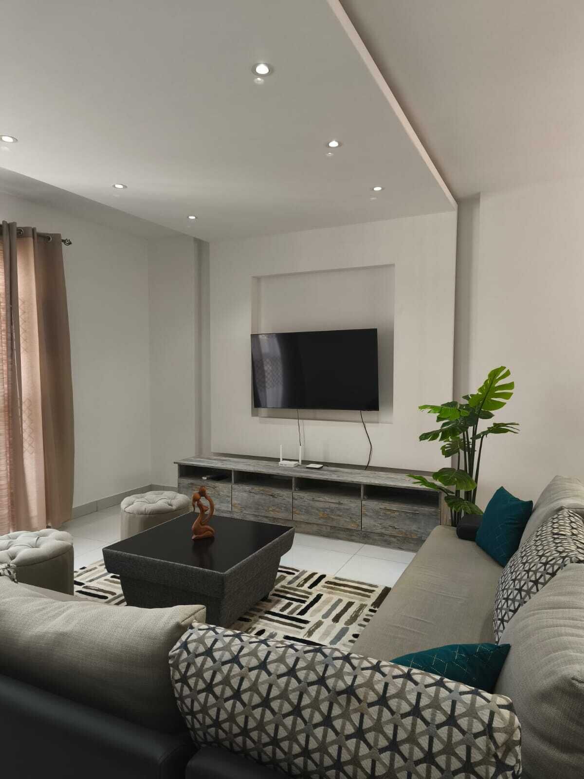 Een moderne woonkamer met een flatscreen televisie aan de muur, een grijze bank met gekleurde kussens, een zwarte salontafel en een potplant.