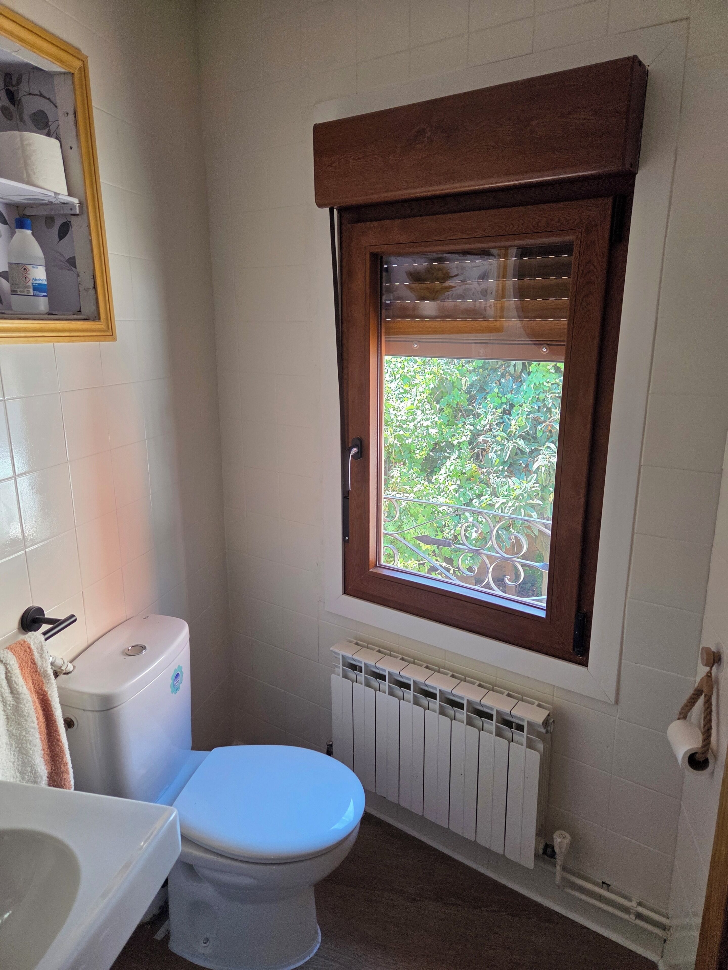 Ein kleines Badezimmer mit Toilette, Heizkörper und einem Fenster mit Blick auf Grünflächen.
