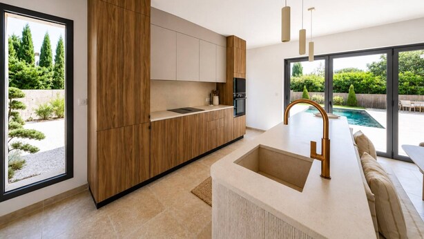 Une cuisine moderne avec des meubles en bois, un four encastré et une grande fenêtre donnant sur un jardin.