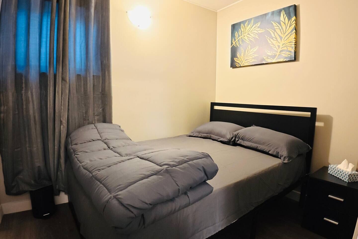 A single bed with a black headboard, grey bedding, a bedside table with a tissue box, and a wall-mounted artwork.