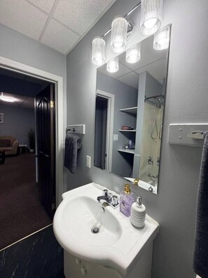 A bathroom with a white sink, a large mirror, and a shower area. - Private 2BR Suite Near Downtown & Hospital (Regina)