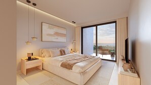 Une chambre moderne avec un grand lit, des tables de chevet, un téléviseur à écran plat et une vue sur l’extérieur.