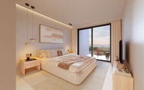 Een moderne slaapkamer met een groot bed, nachtkastjes, een flatscreen televisie en uitzicht op het omliggende landschap.