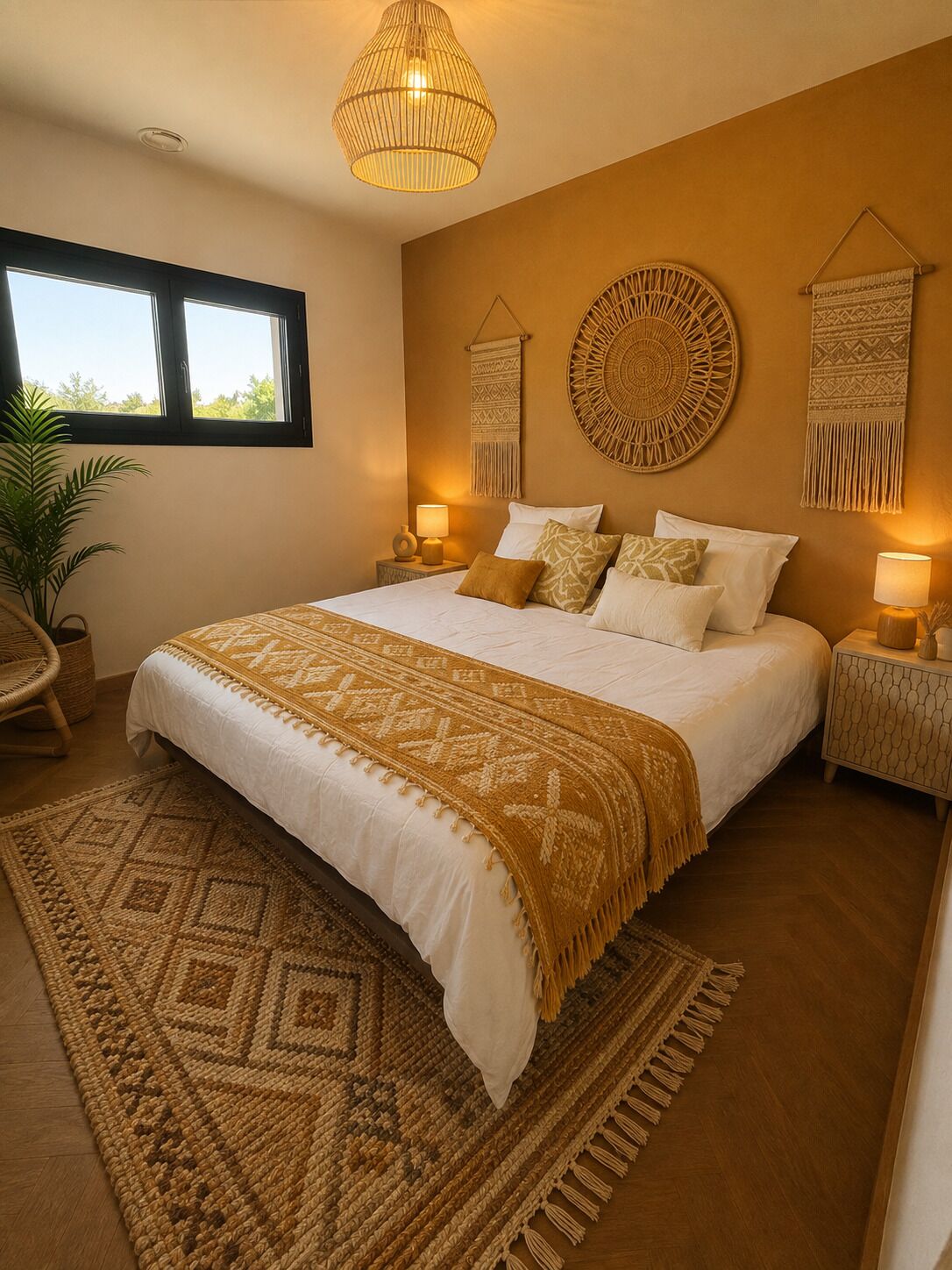 A bedroom with a large bed, two bedside lamps, a woven wall hanging, and a potted plant.