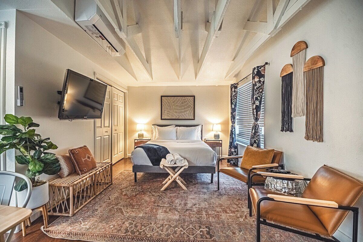 A bedroom with a bed, bedside lamps, a TV, a plant, a sofa, and a patterned rug.