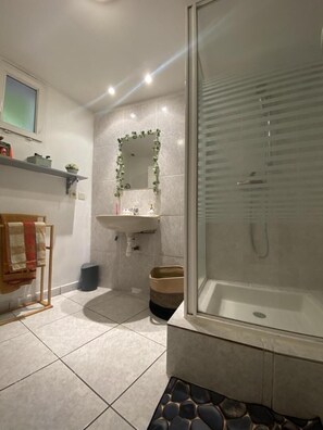Ein Badezimmer mit Duschkabine aus Glas, Waschbecken und Spiegel mit Pflanze.