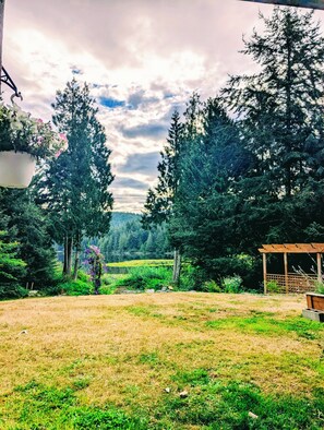 A garden with a pergola, a variety of trees, and a grassy area. - Tranquil 1-bedroom in the suite shared with the host on a lake house in Sooke (Sooke)