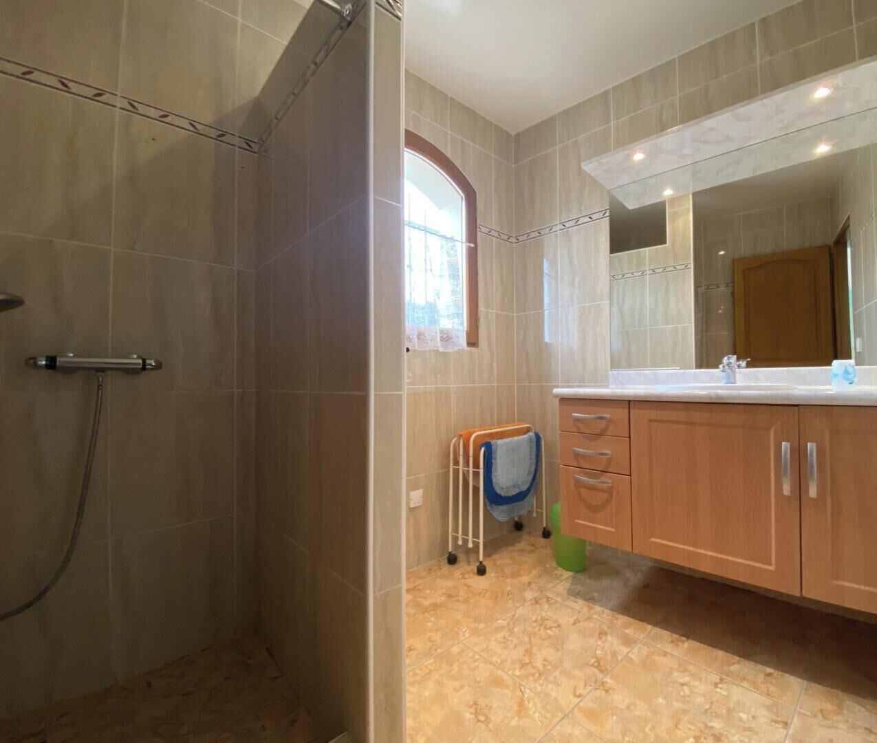 Un baño con ducha, lavabo y espejo.