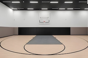 Un terrain de basket-ball avec un panier, une zone rembourrée et un mur muni d’un filet de basket.