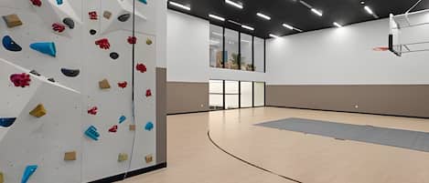 Un mur d’escalade équipé de différentes prises et un panier de basketball, le tout dans un espace intérieur bien éclairé.