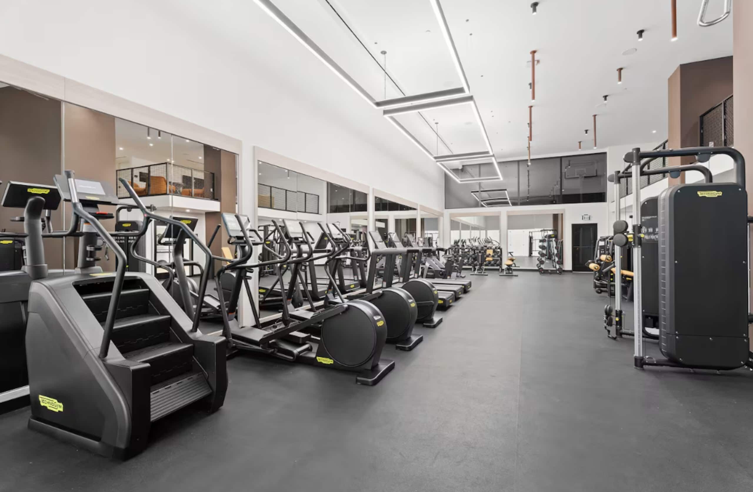 A gym with treadmills, ellipticals, and weight machines.