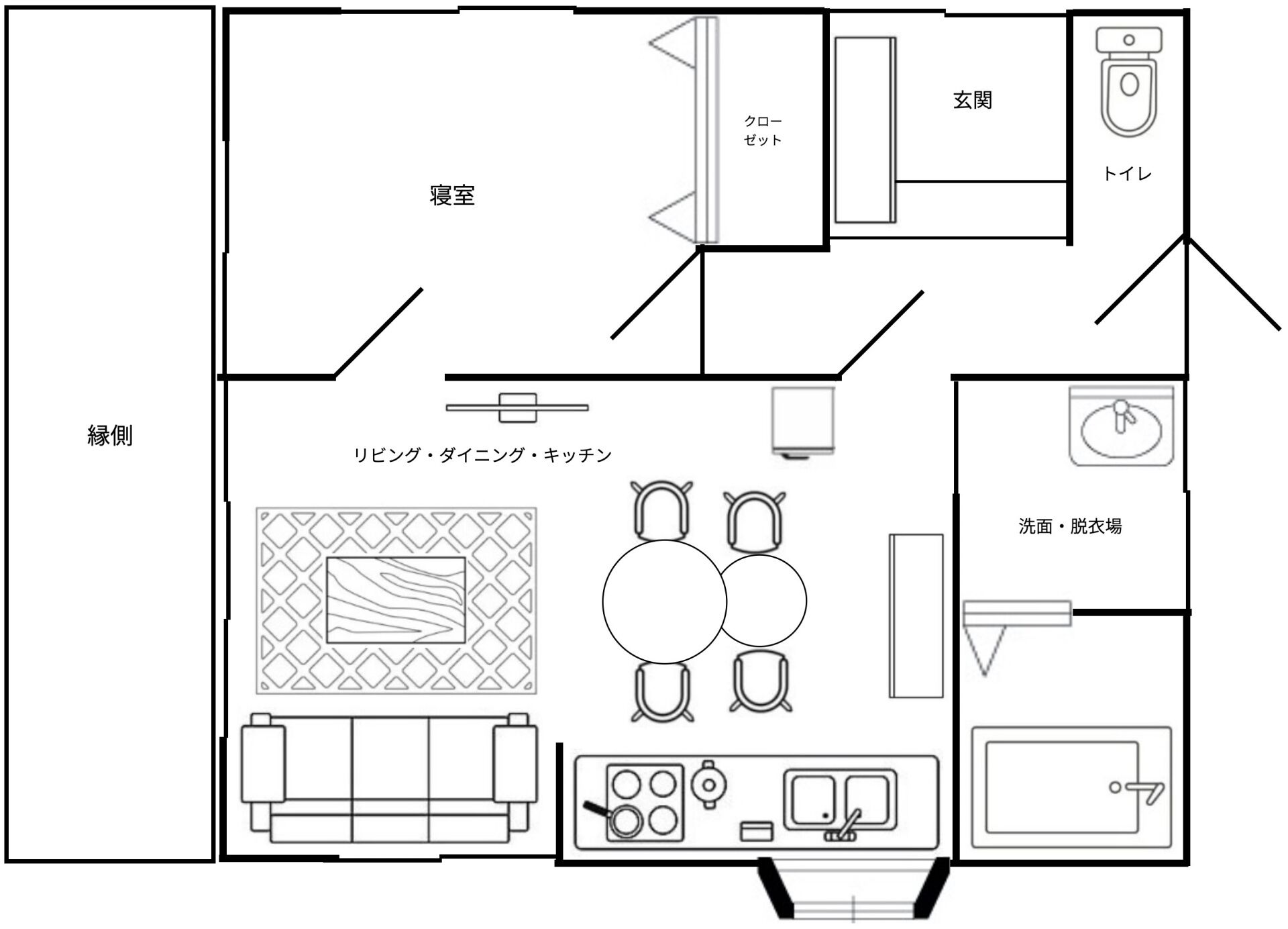 A floor plan of a hotel room with a kitchenette, a bathroom, and a dining area.