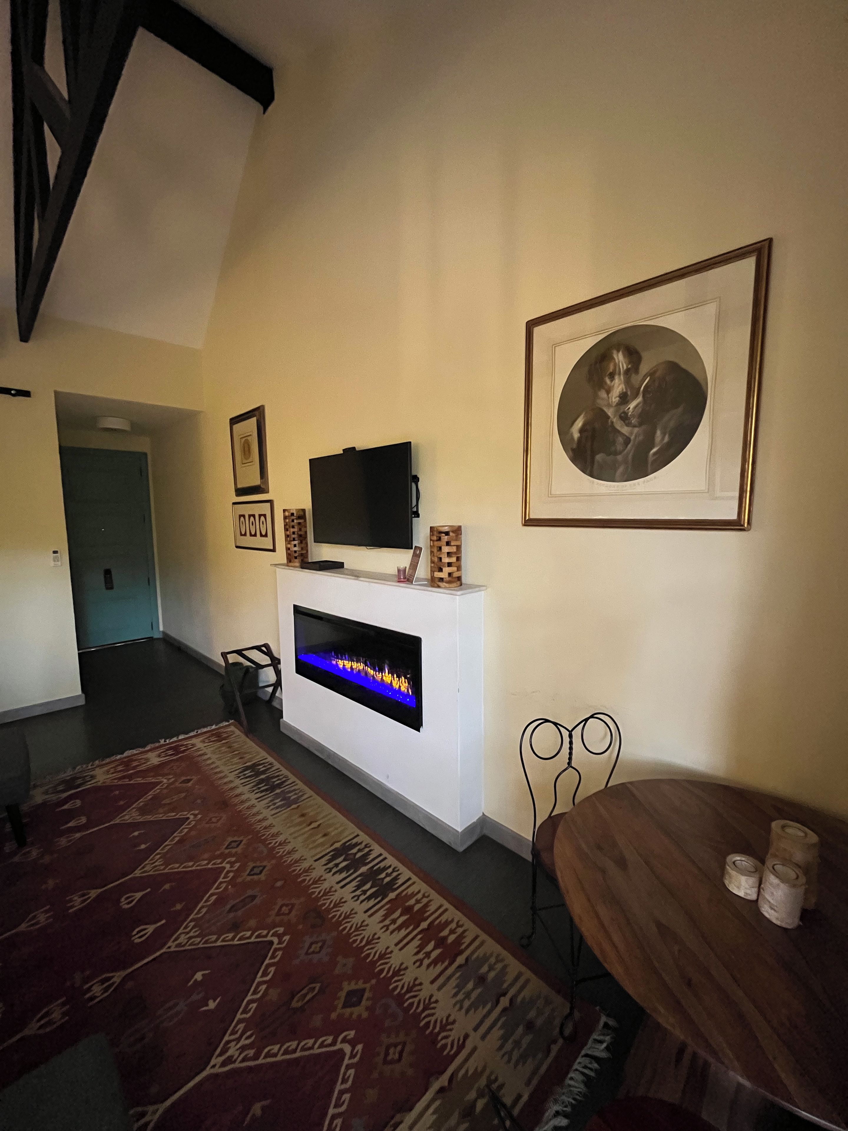 Una sala de estar con chimenea, televisor, un cuadro enmarcado y un tapete estampado.