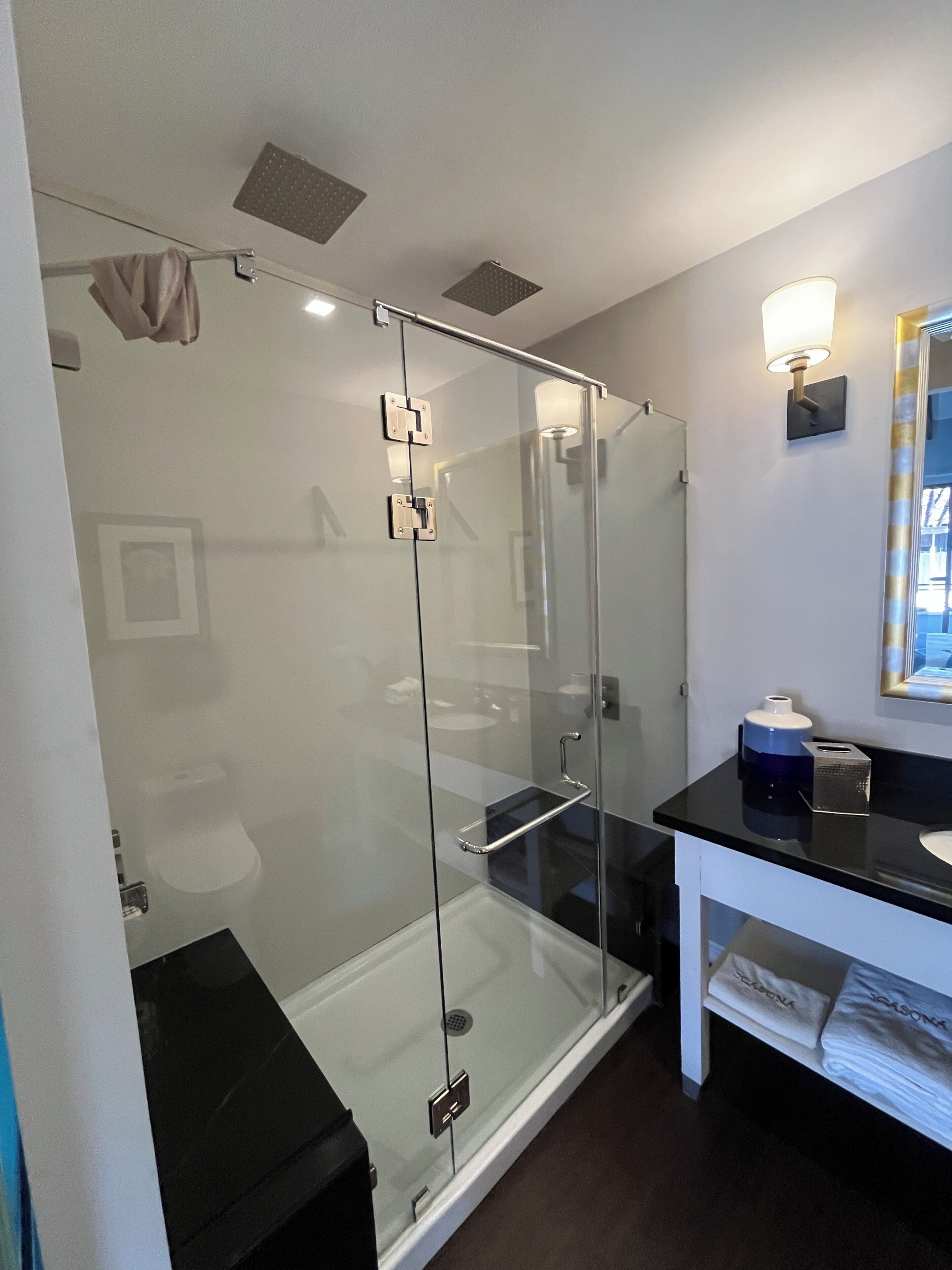 A modern bathroom with a glass-enclosed shower, a black countertop, and a white sink.