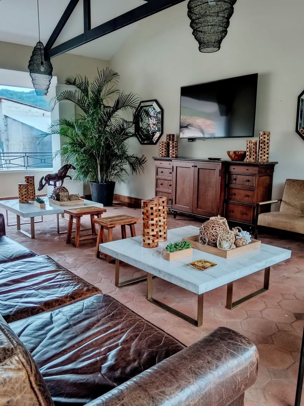 Amplia sala de estar con televisor grande, muebles de madera y una planta en maceta.