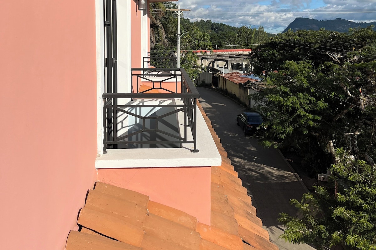 A balcony with a view of a road and greenery, a window with a metal railing, and a wall-mounted light fixture.