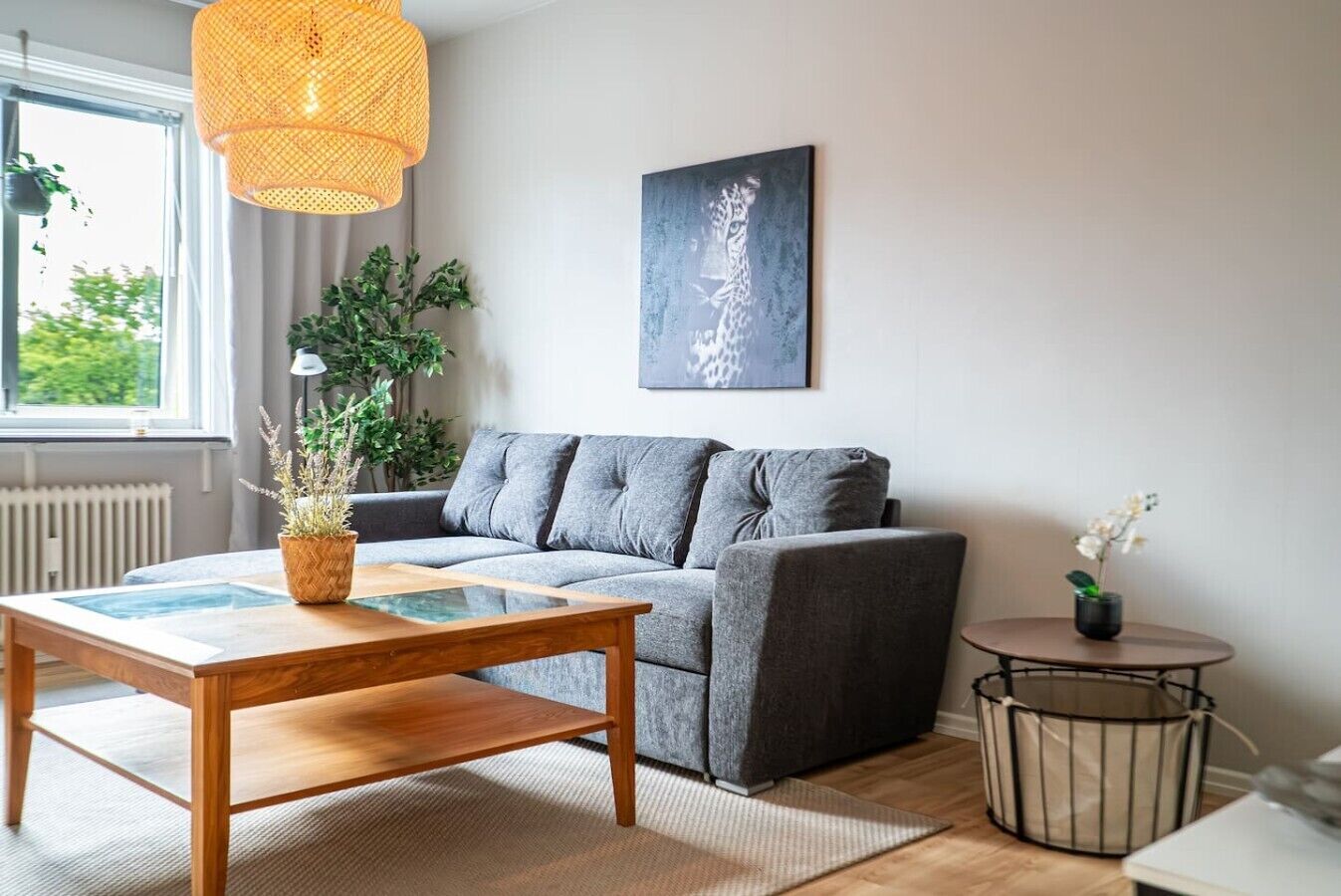 A modern living room with a grey sofa, a wooden coffee table, a hanging light fixture, a framed artwork, and a potted plant.