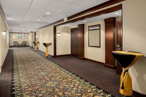 A hotel corridor with carpeted flooring, doors, and a patterned carpet runner.
