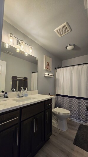 Secadora de cabello, toallas, jabón, papel de baño 
