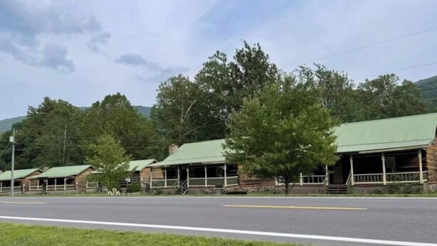 A row of log cabins with green roofs, a paved road in front, and trees in the background.