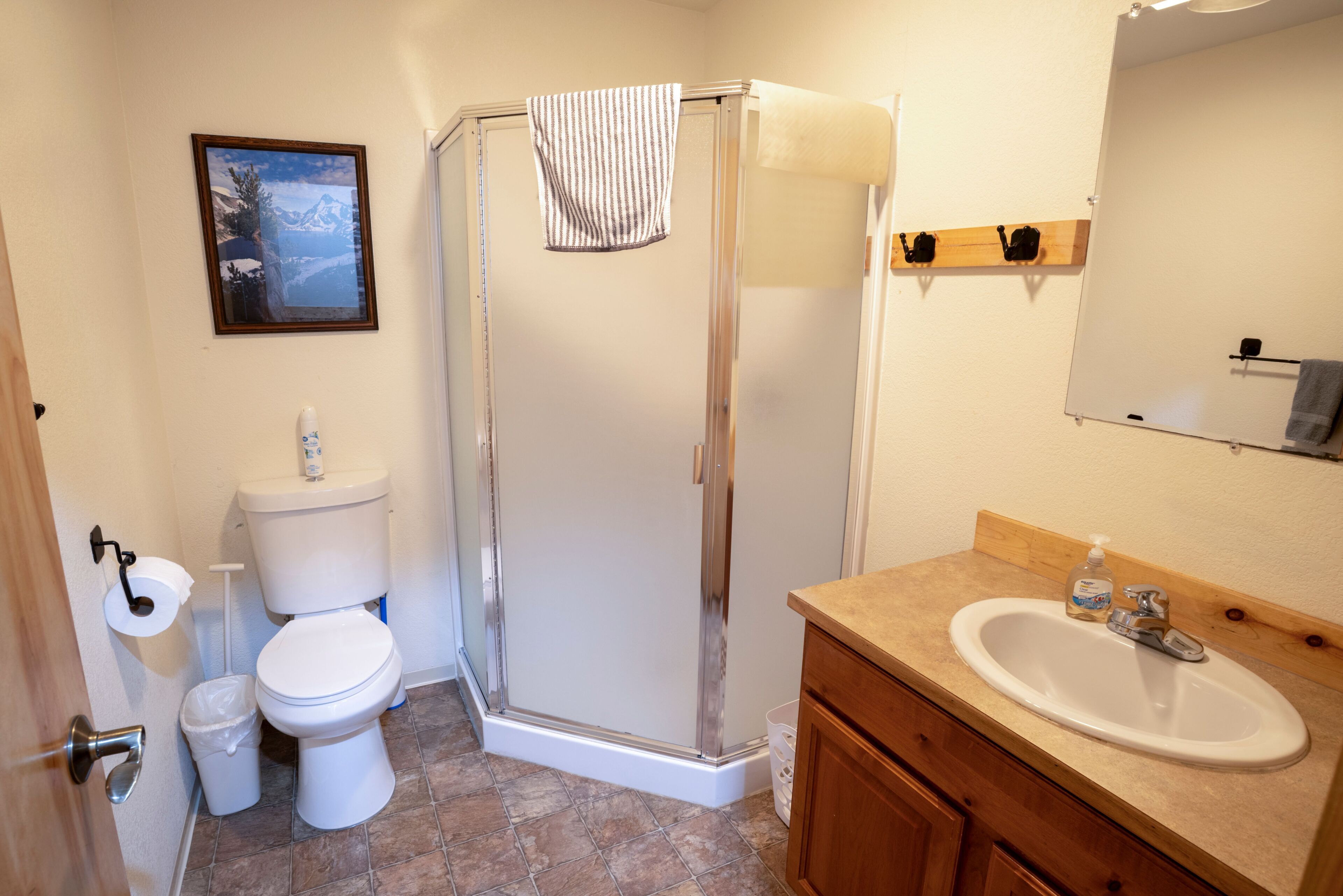 A bathroom with a toilet, a shower, a sink, and a mirror.