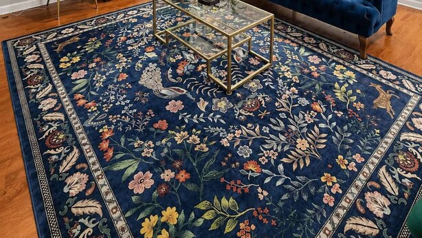 Una sala de estar con un sofá azul, una mesa de centro de vidrio, una silla verde y una alfombra estampada.