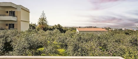 A terrace with a table and chairs, overlooking a densely vegetated area with buildings in the background.