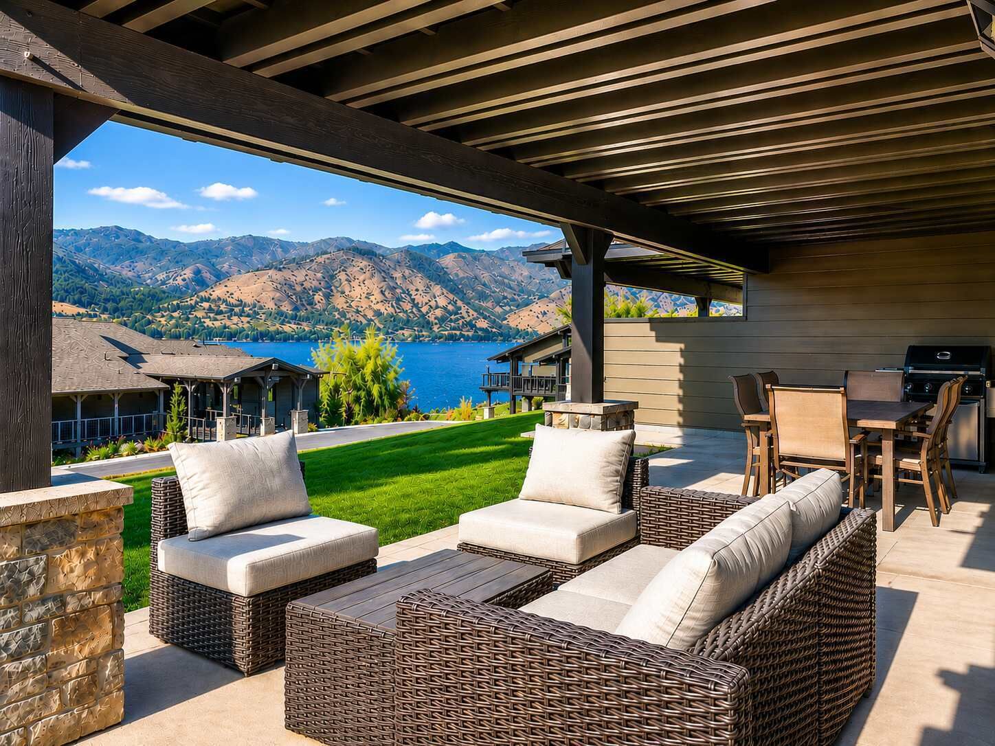 An outdoor patio with wicker furniture and a view of mountains and a lake.