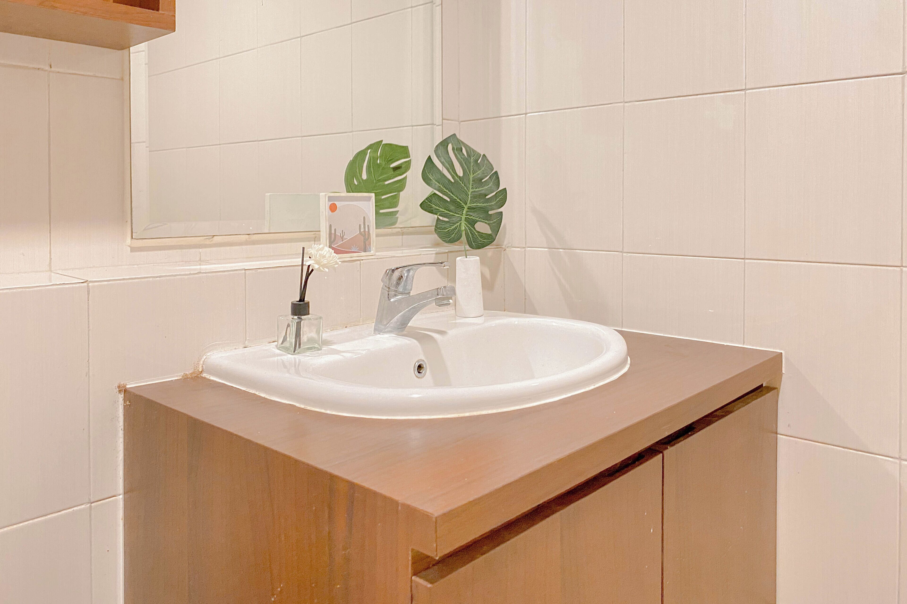 A bathroom with a white sink, a wooden vanity, and a mirror reflecting a cactus plant.