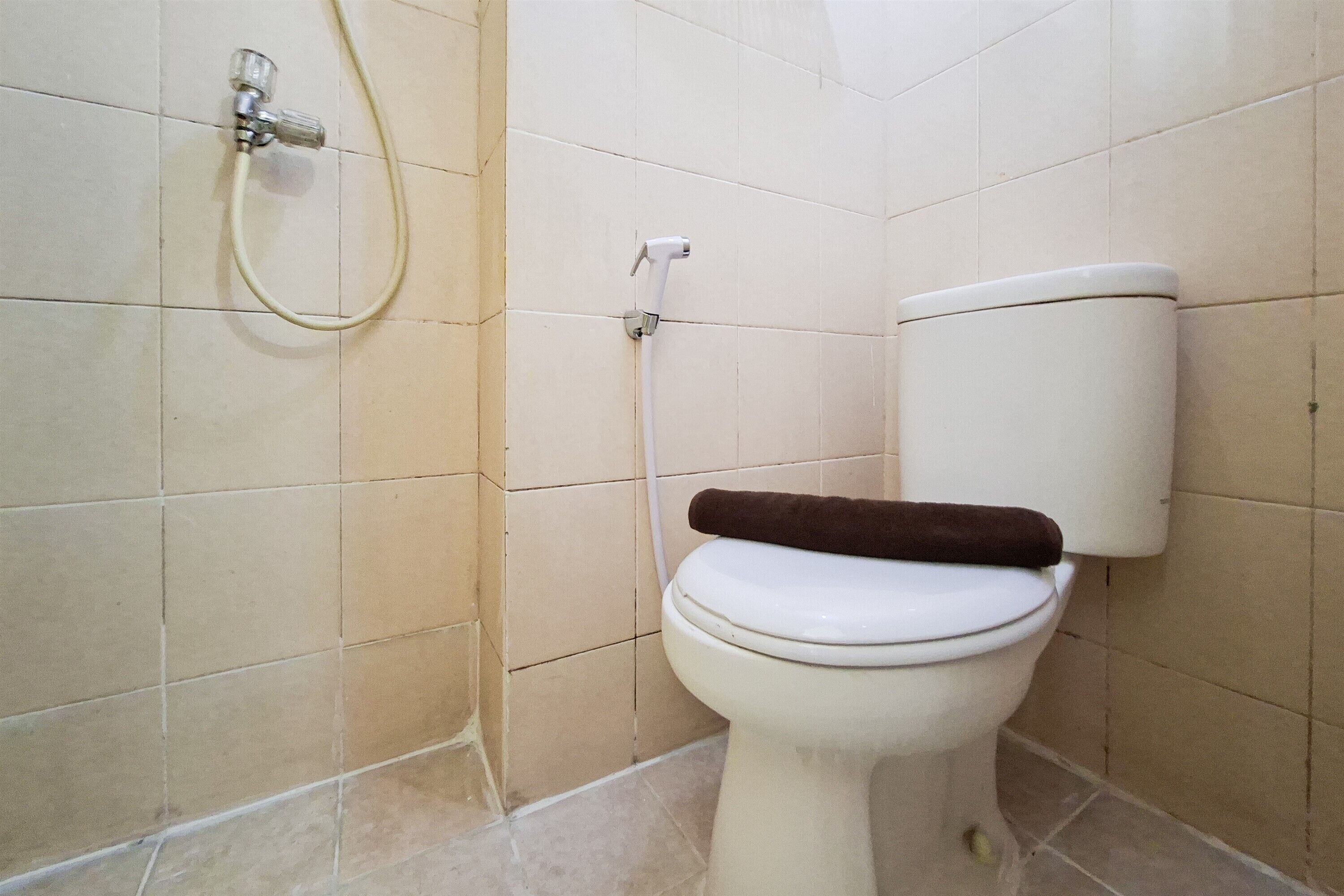 A bathroom with a toilet, a shower, and a wall-mounted toilet paper holder.