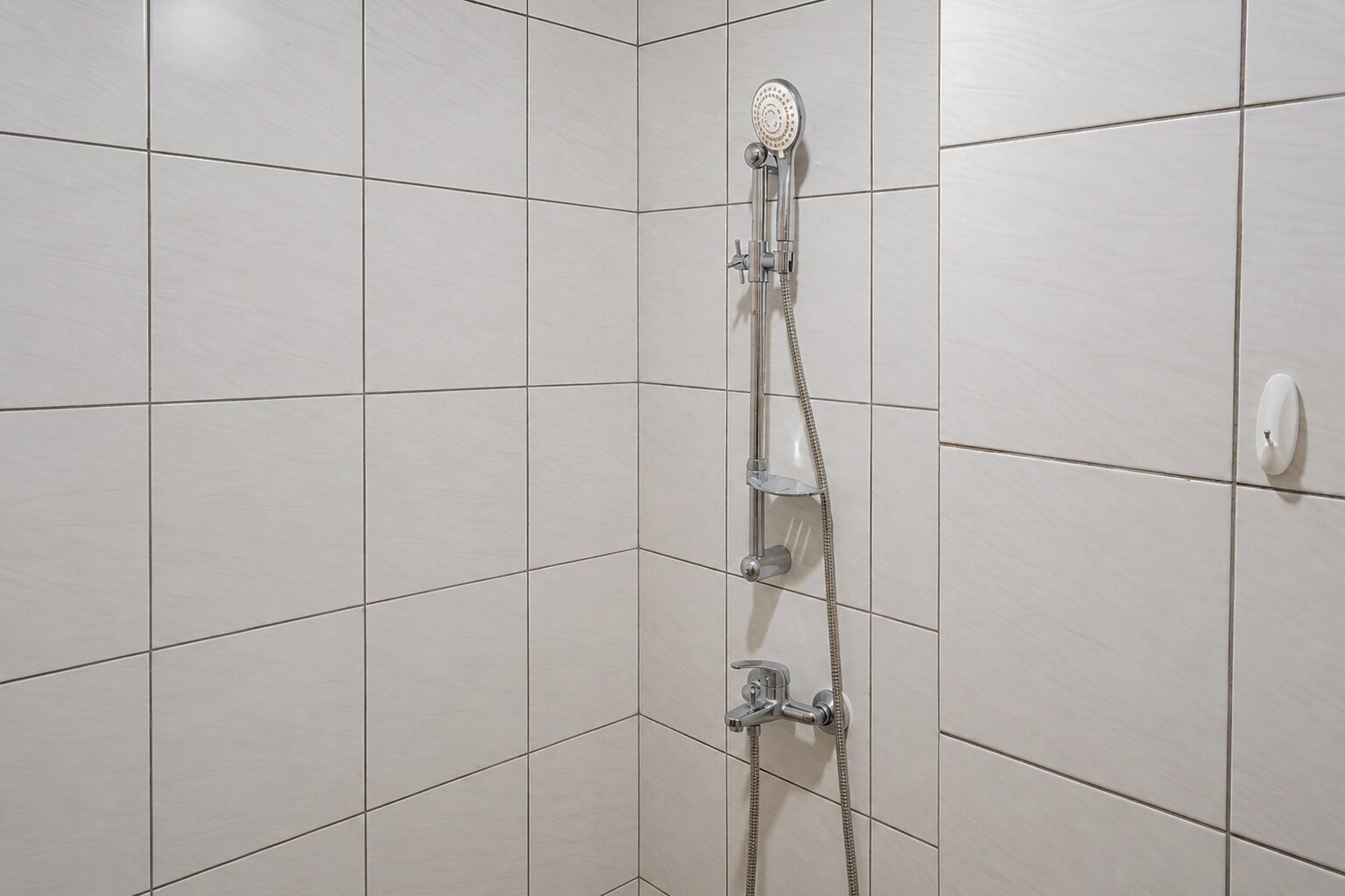 A shower with a handheld showerhead, a wall-mounted faucet, and a handheld showerhead with a hose.