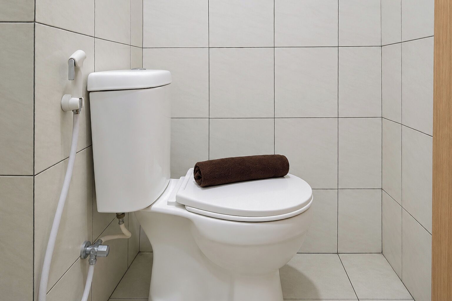 Lavabo blanc amb una tovallola marró a l'assent, una palanca de descàrrega blanca i una canonada visible.