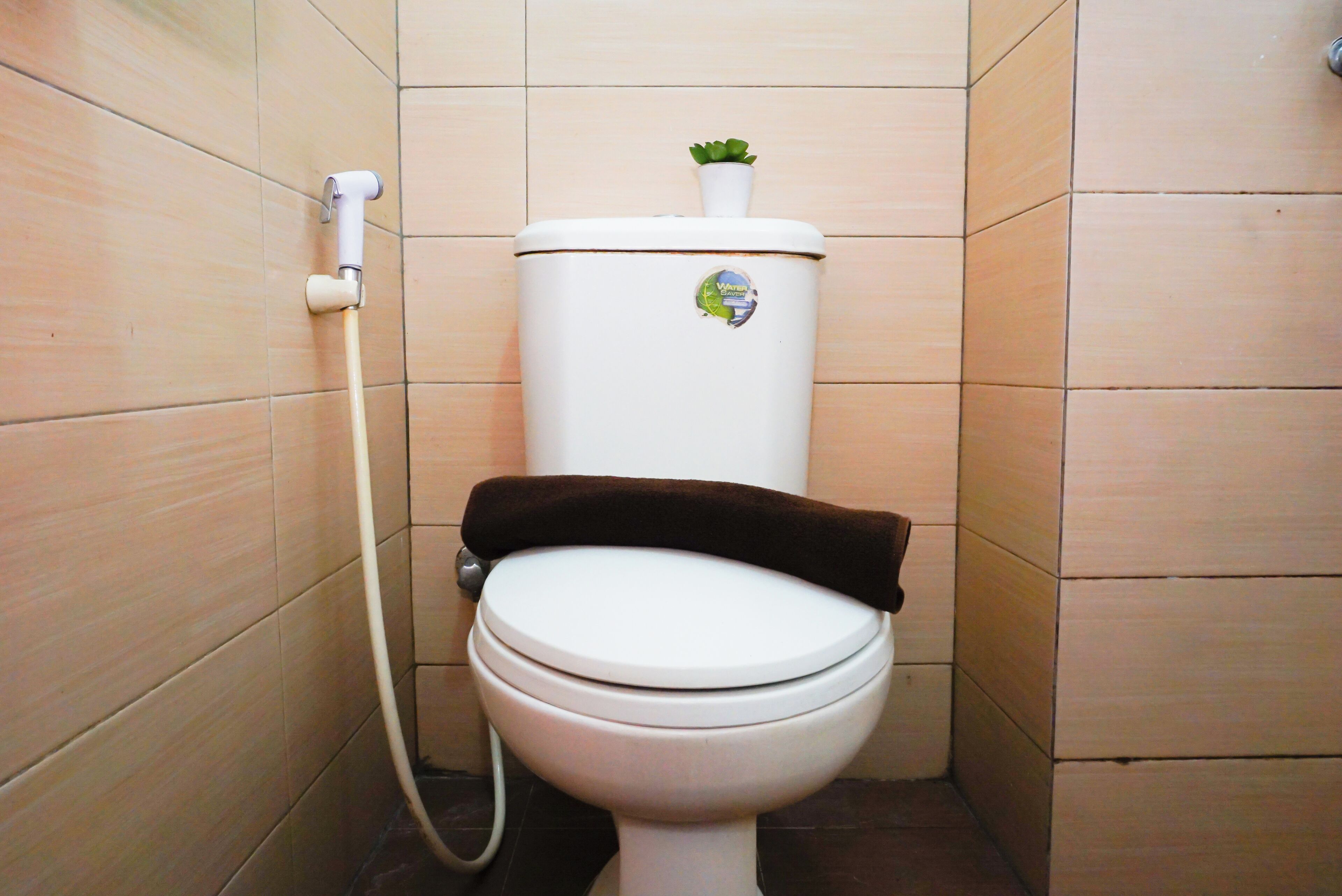 Inodoro con dispositivo de ahorro de agua, una toalla y una planta pequeña sobre el tanque.