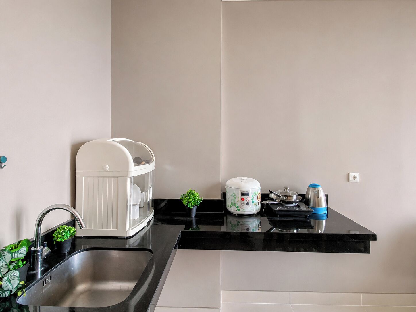 A kitchen with a sink, a rice cooker, a kettle, and a small potted plant.