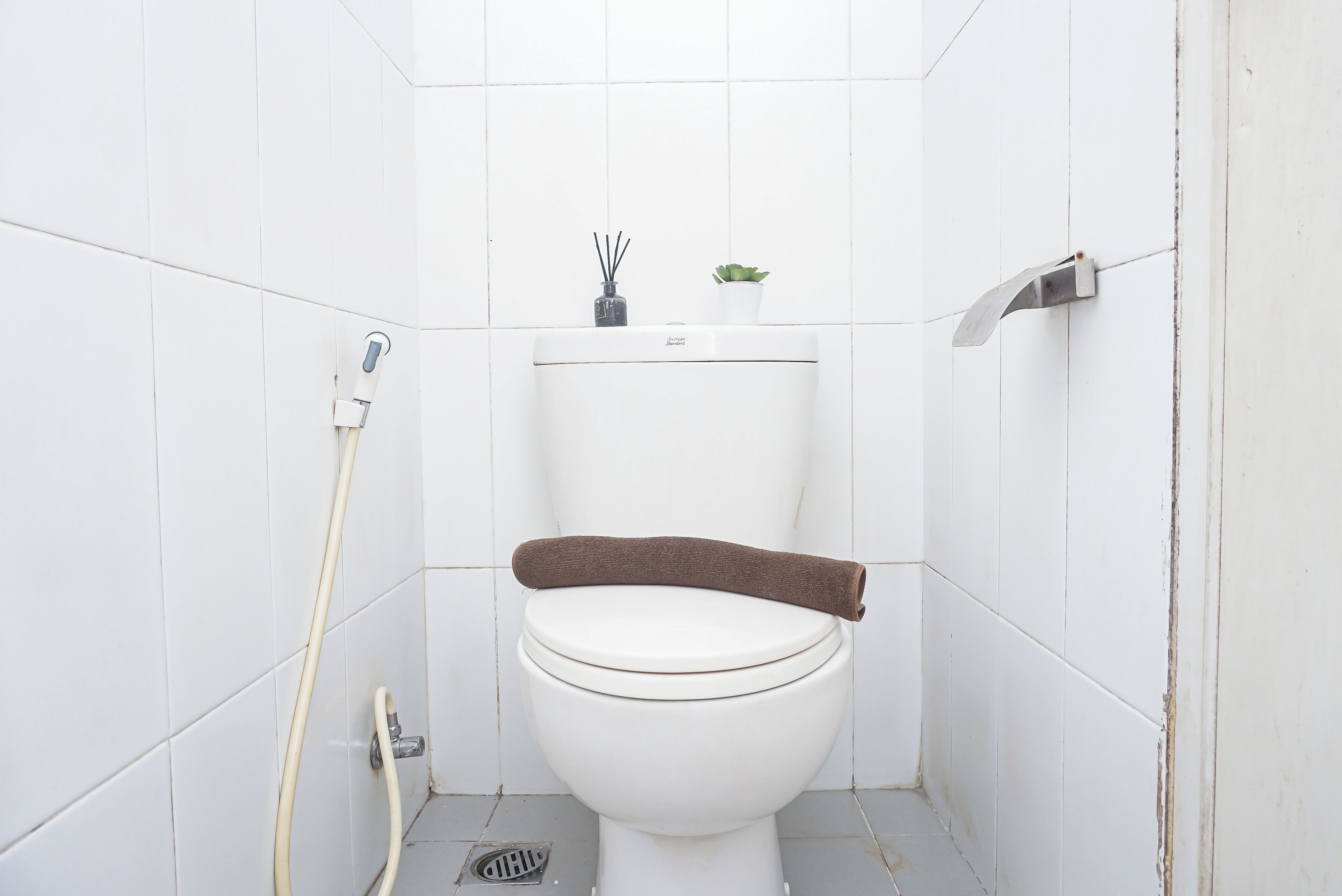 A small, white-tiled bathroom with a toilet, a towel, a plant, and a shower hose.