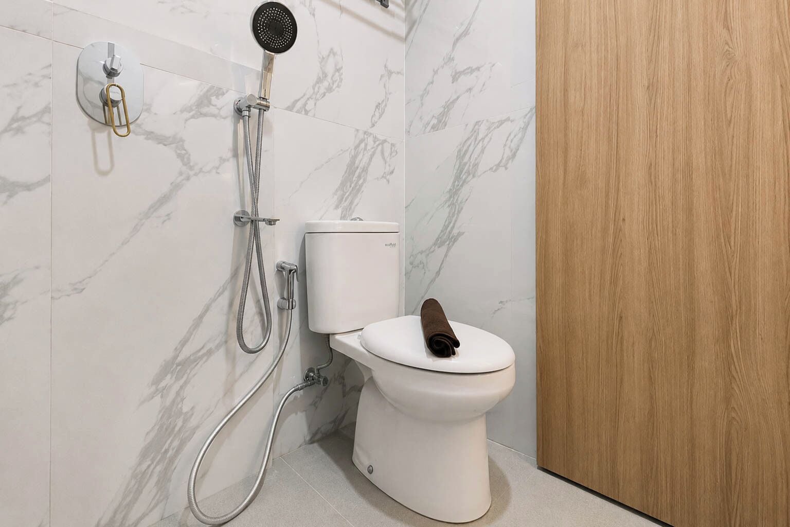 A bathroom with a toilet, a shower, and a wooden door.