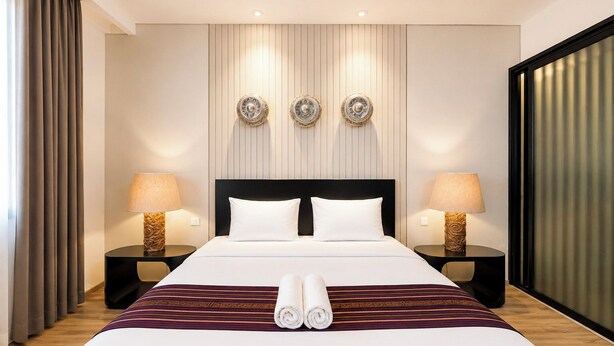A hotel room with a large bed, two bedside tables, a headboard, and three wall-mounted light fixtures. - Tropical Paradise 3Br At Villa Coco (Nusa Dua)