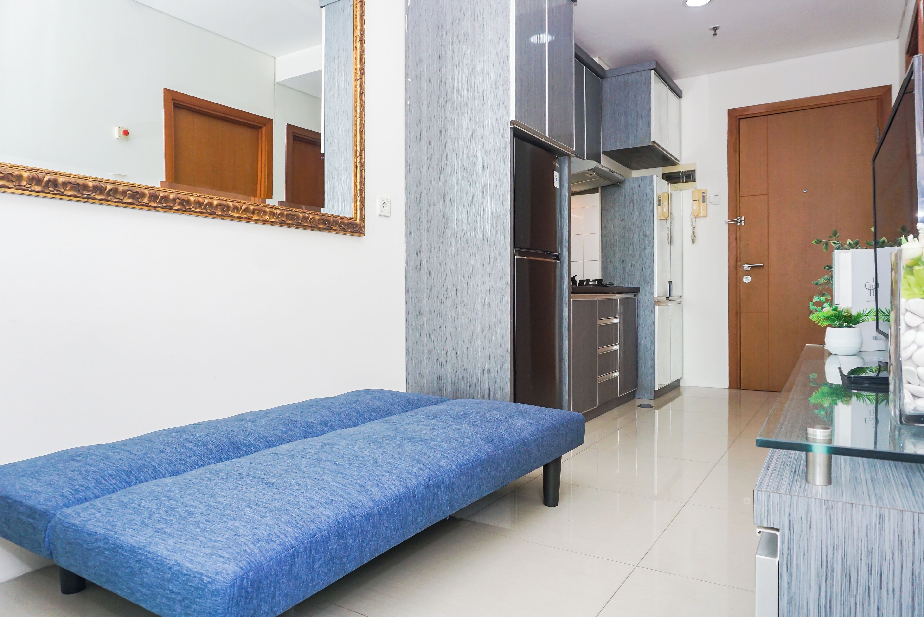 Una habitación con un sofá azul, un espejo, un armario, una puerta y una mesa de vidrio con una planta.