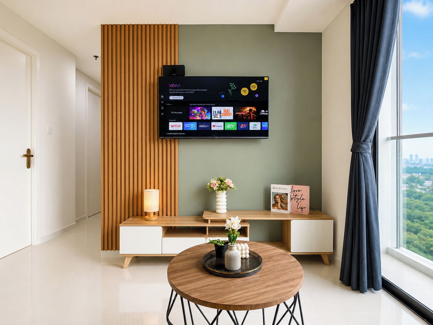 A modern living room with a flat-screen TV mounted on the wall, a round wooden table with a tray, a white vase with flowers, a bookshelf, and a window with curtains.