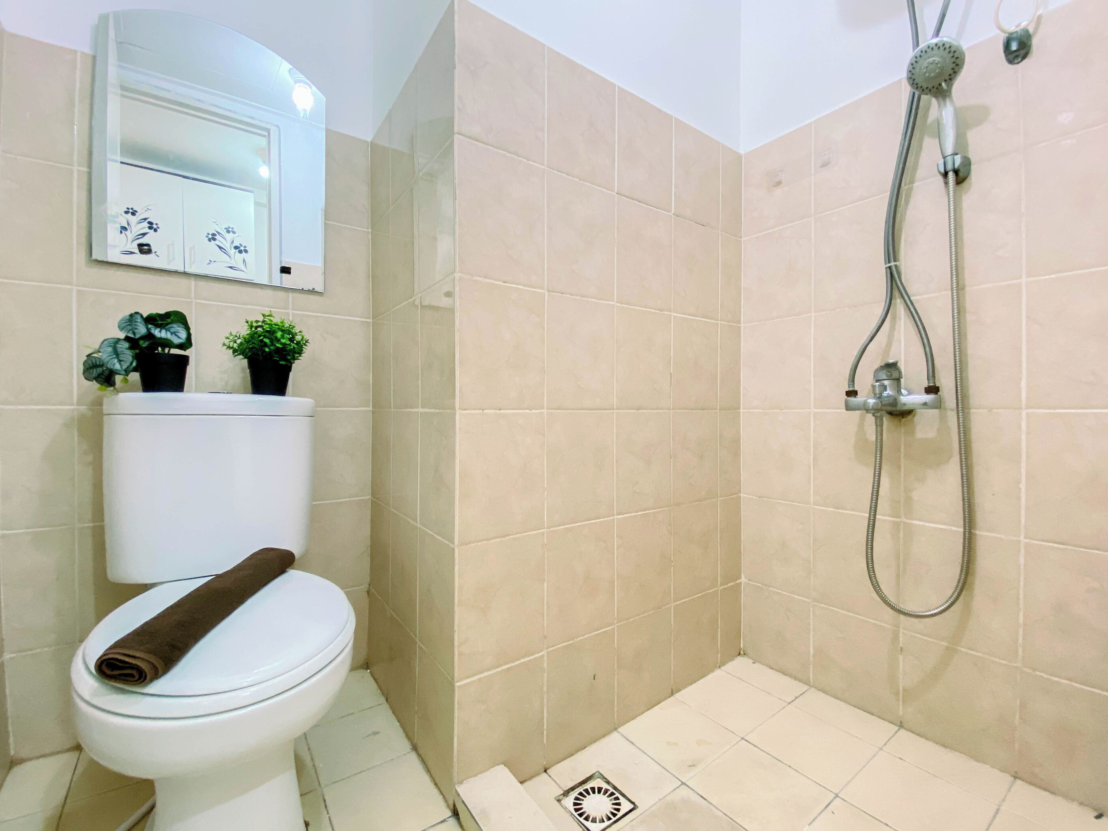 A bathroom with a toilet, a shower, and a mirror.