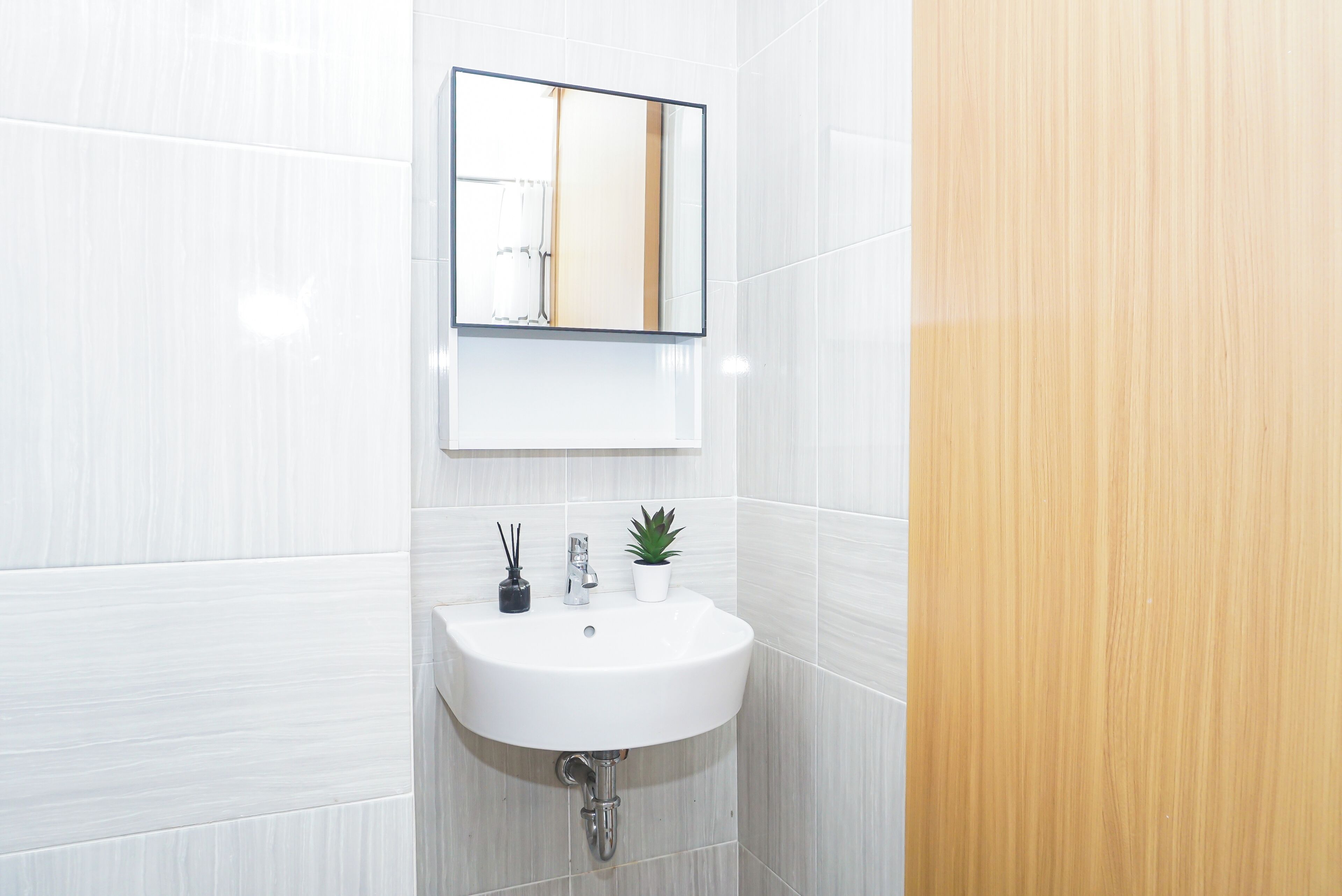 A bathroom with a white sink, a mirror, and a potted plant.