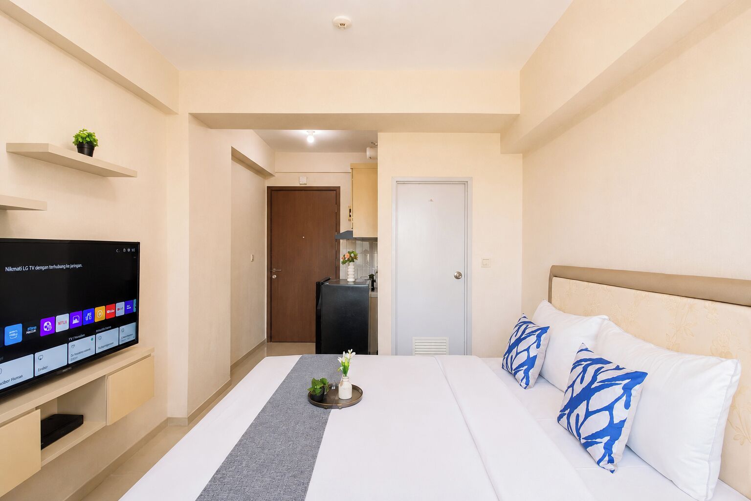 Habitación de hotel con cama, televisor sobre un soporte, una planta pequeña y una puerta que da al baño.