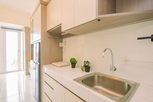 A modern kitchen with a stainless steel sink, white cabinets, and a potted plant.