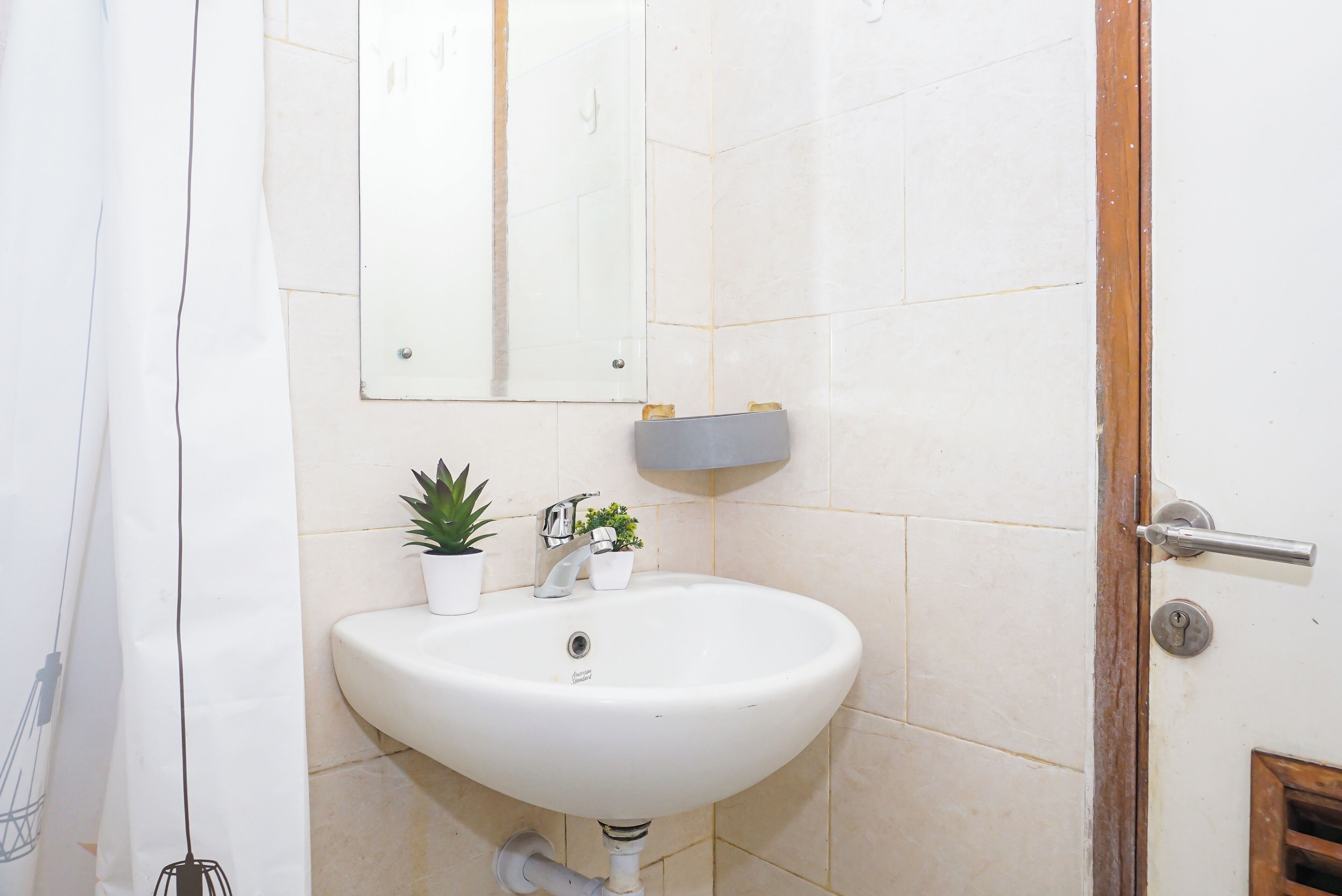 A bathroom with a white sink, two potted plants, a mirror, and a door with a handle.