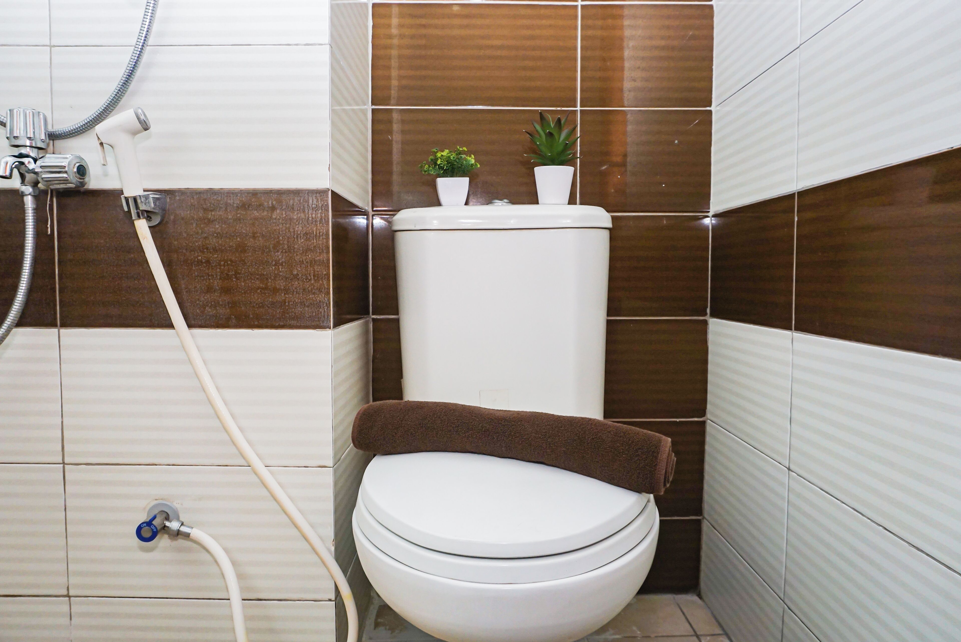 Ein Badezimmer mit Toilette, Dusche und einem am Wand befestigten Waschbecken.