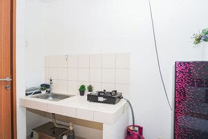 Una cocina compacta con un lavamanos, una estufa a gas y una pequeña planta en maceta.